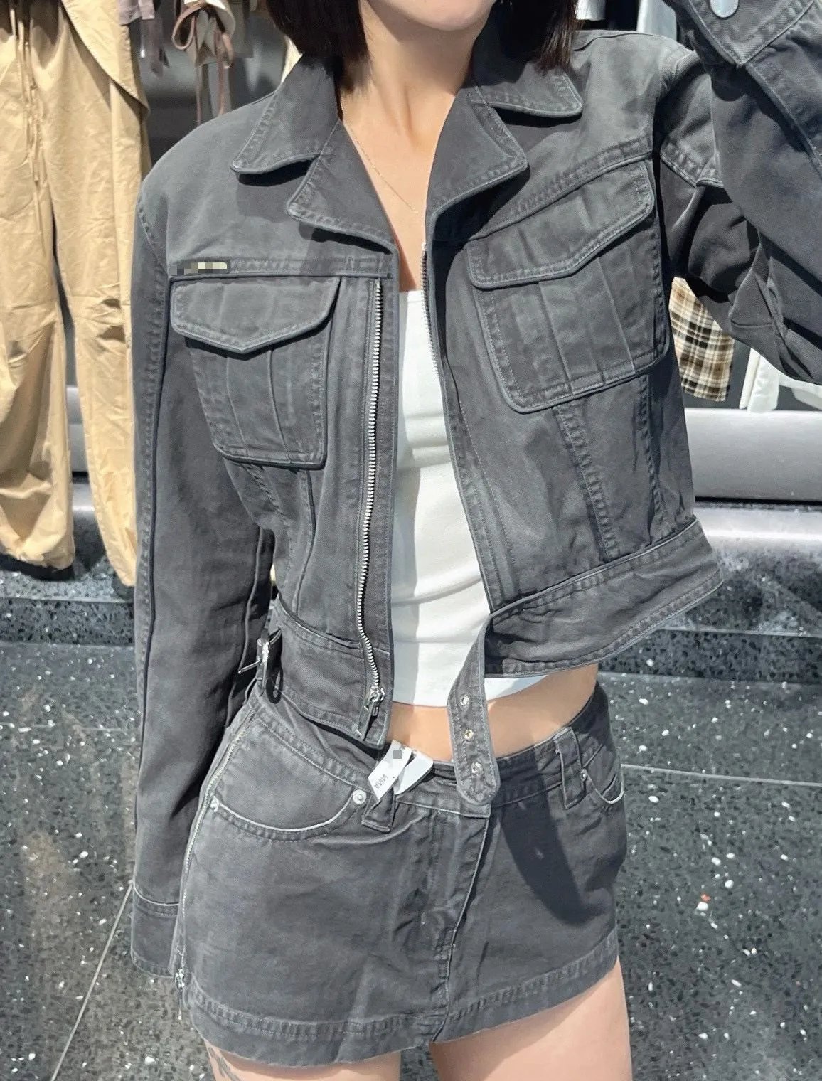Gallery Dept. Distressed Gray Denim Skirt and Cropped Jacket Set - 8