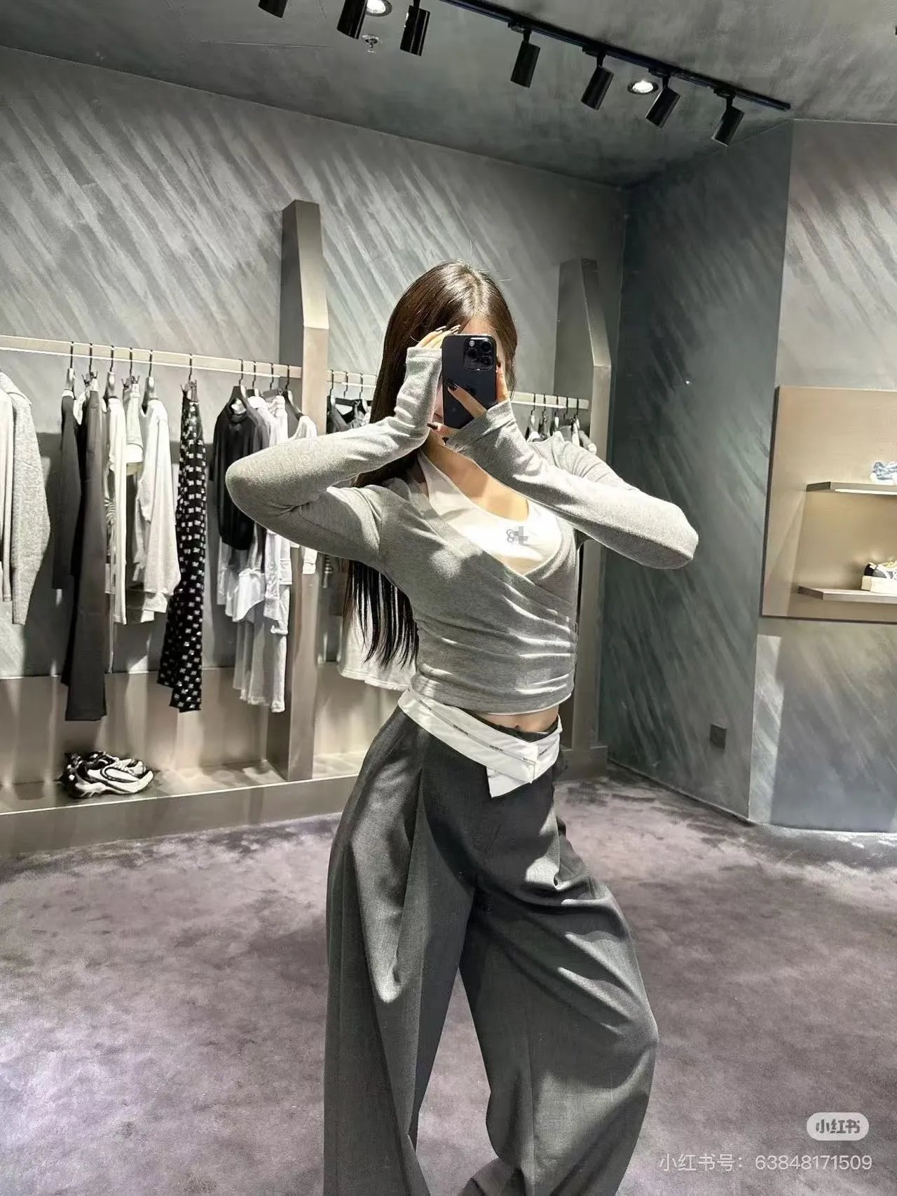 Off-White Wrap Crop Top in Gray with White Inner Layer and Logo Waistband - 8
