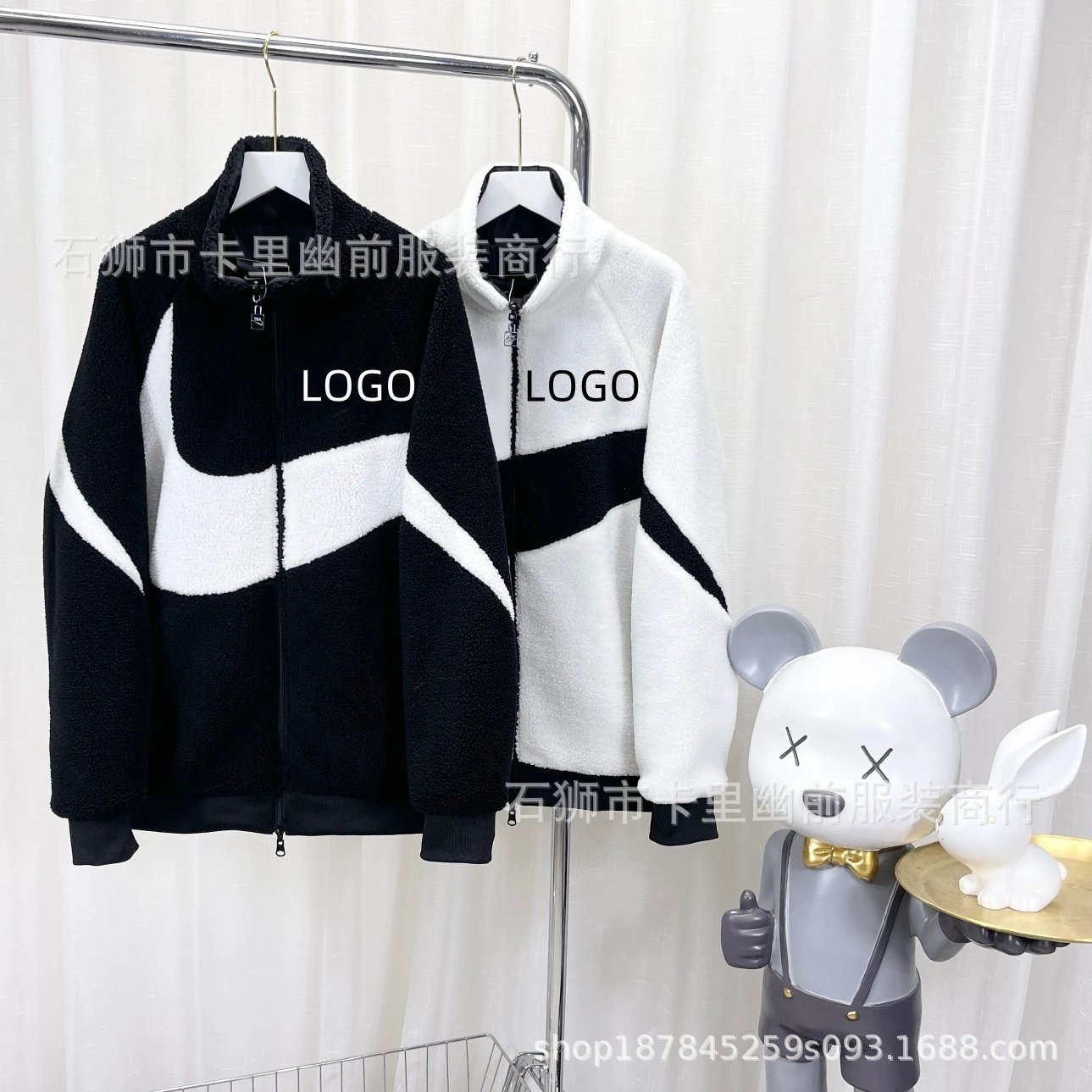 Design Fleece Zip-Up Jacket White and Black Contrast Panel Outerwear - 2