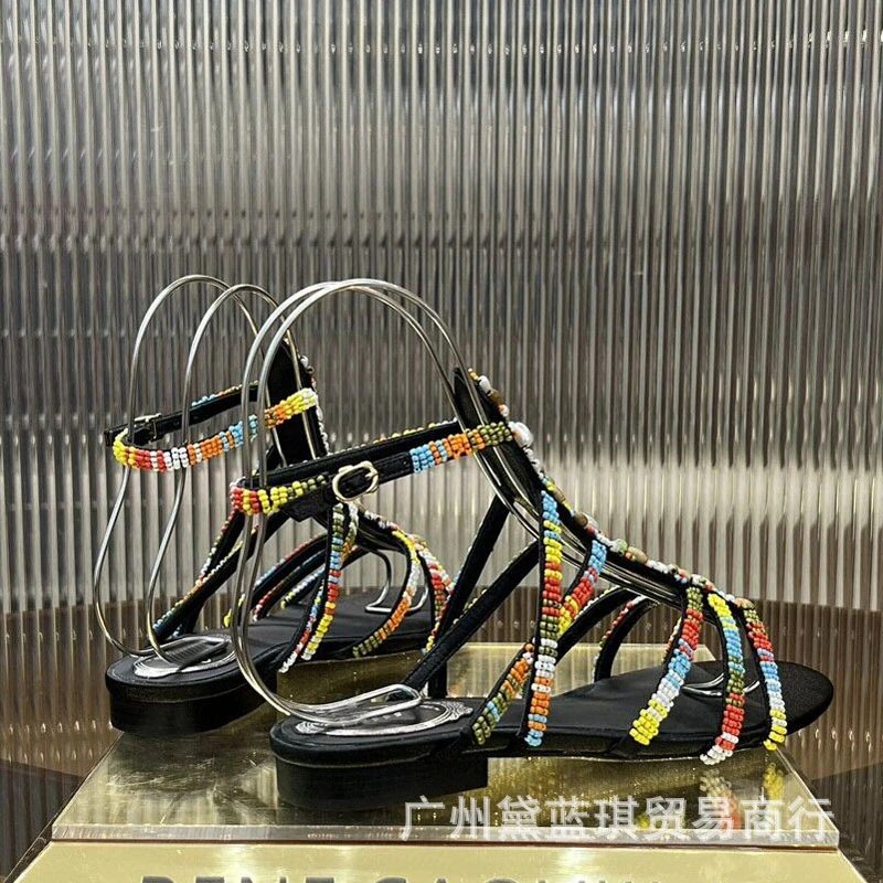 Multicolor Beaded Gladiator Sandals with Metal Straps Black Heels - 10