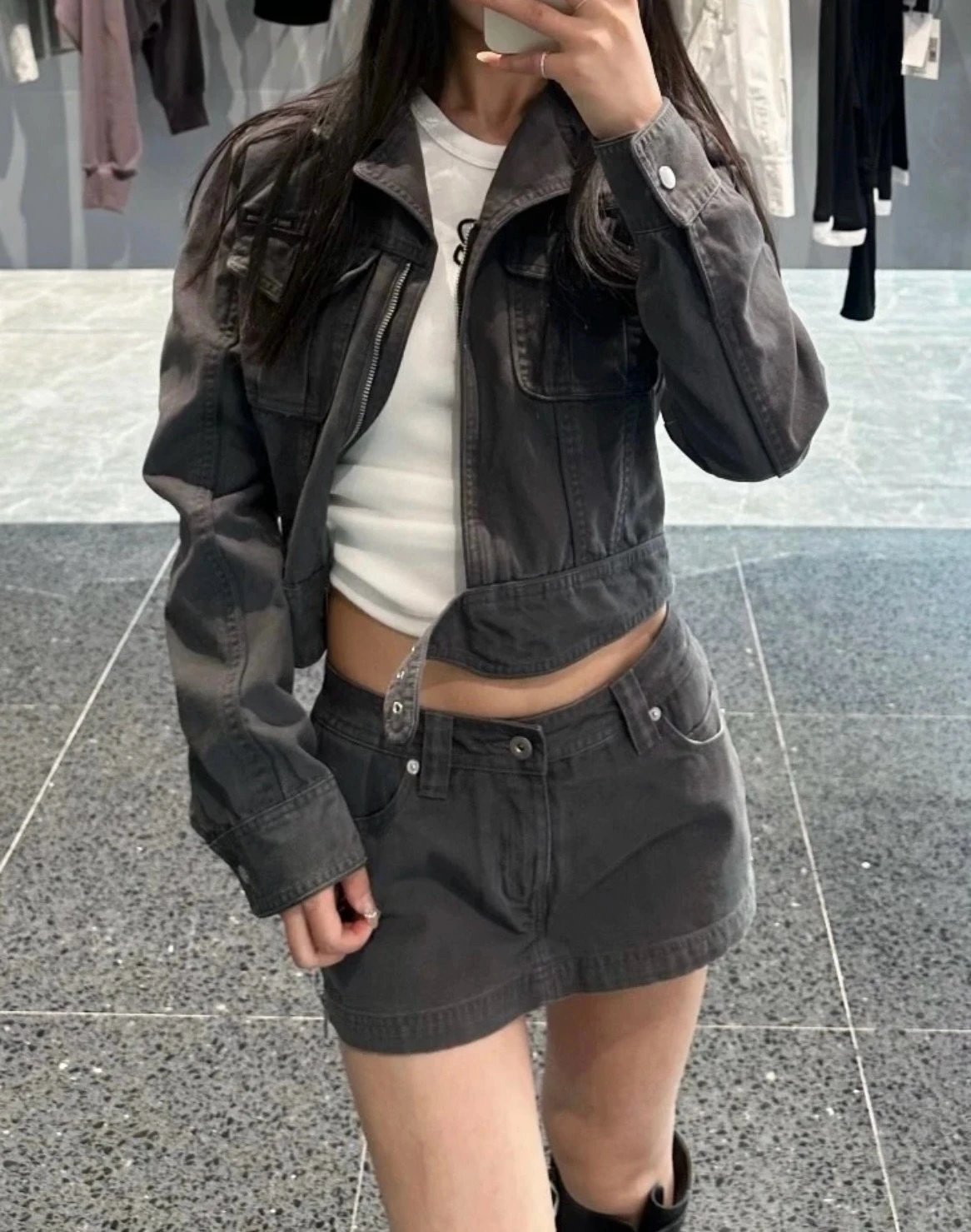 Gallery Dept. Distressed Gray Denim Skirt and Cropped Jacket Set - 4
