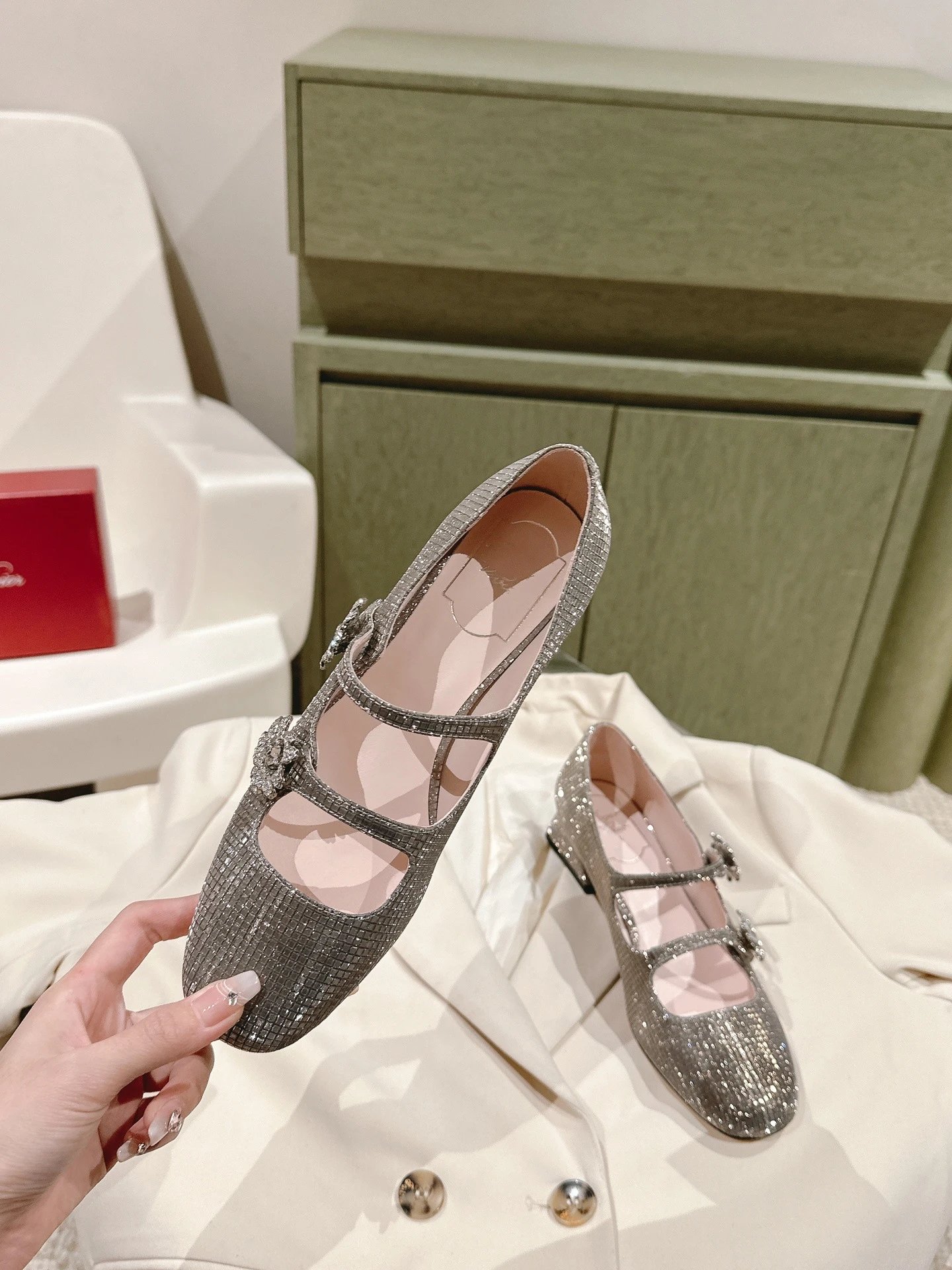 Chanel Mary Jane Heels Silver Glitter Crystal-Embellished Block Heels - 33