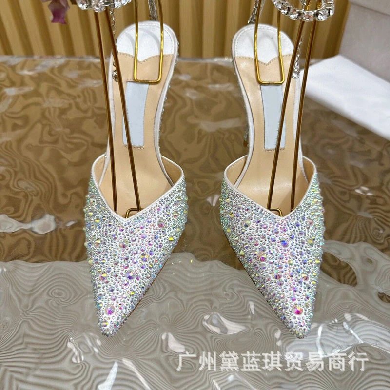 Emerald Crystal-Embellished Stiletto Heels with Gold Wire Straps - 9