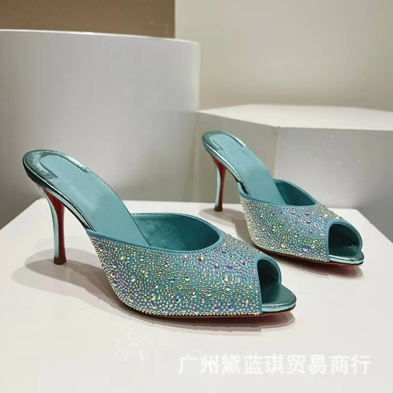 Christian Louboutin Crystal-Embellished Turquoise Peep-Toe Mules