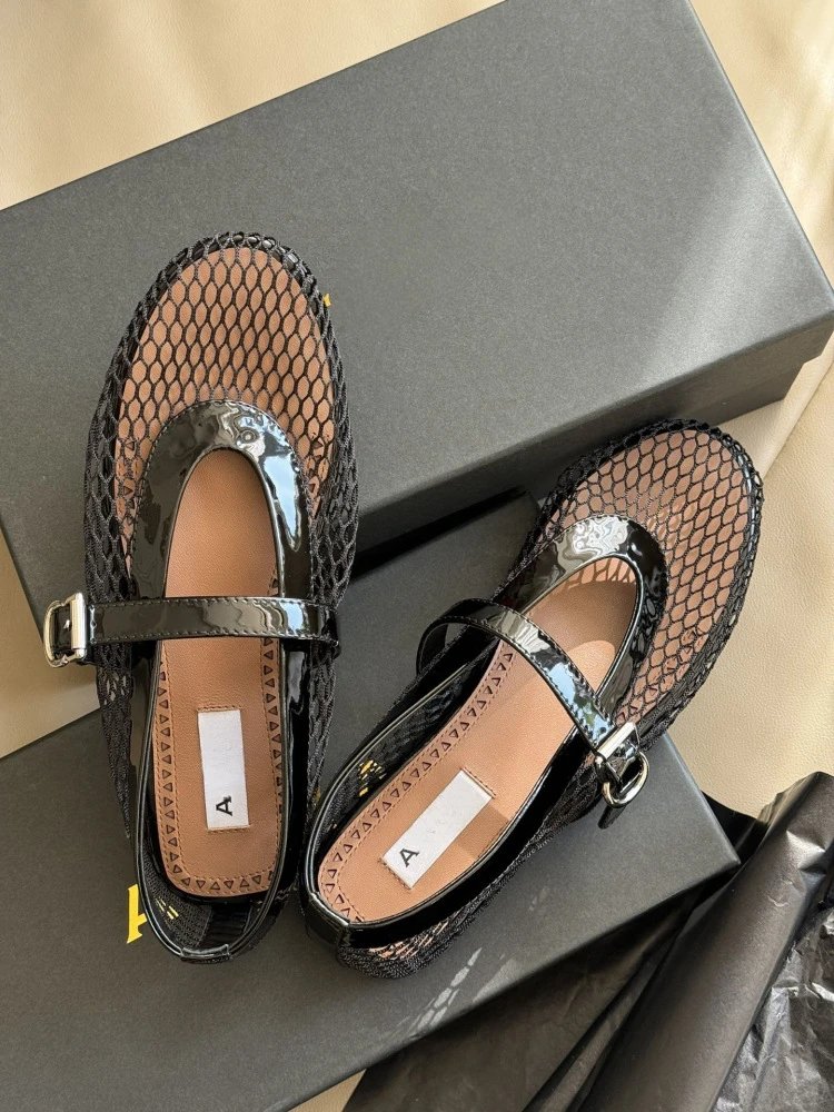 WOMANBY A VOYVES Mesh Mary Jane Flat Black Shoes - 13
