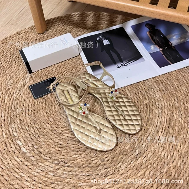 Unbranded Sandals Ankle-Strap Thong with Quilted Footbed and Pearl Flower Embellishment product detail image 4
