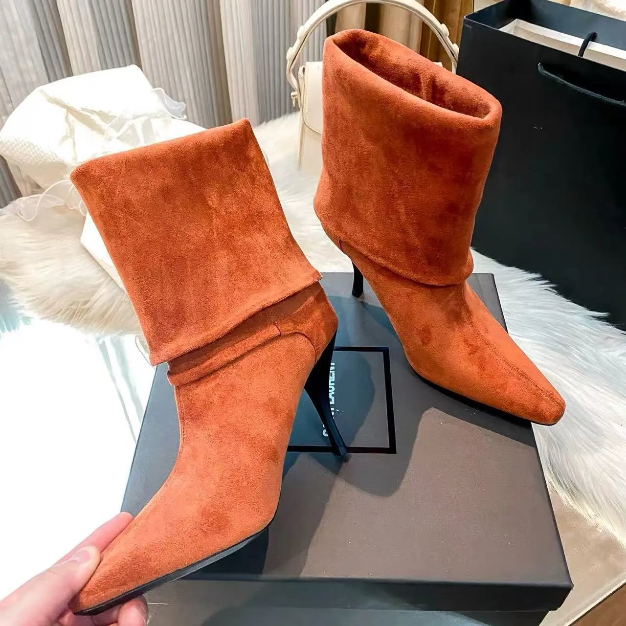 Saint Laurent Boots Fold-Over Shaft Pointed-Toe Stiletto — Orange Suede