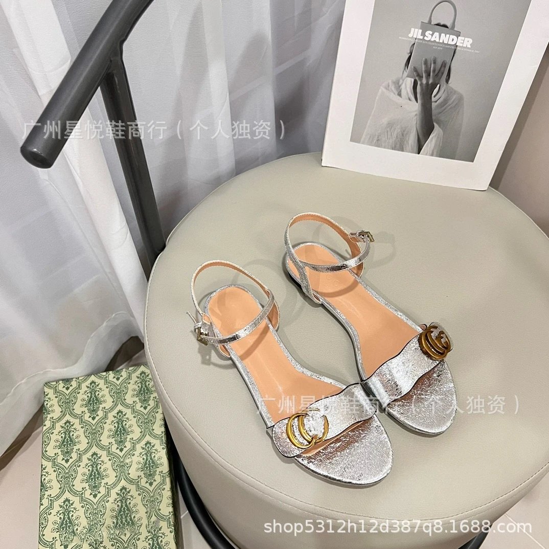 Gucci Marmont Flat Sandals Gold Metallic Sandals - 15