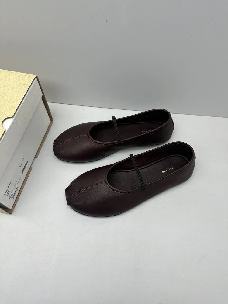 Brown Leather Mary Jane Flat Shoes - 4