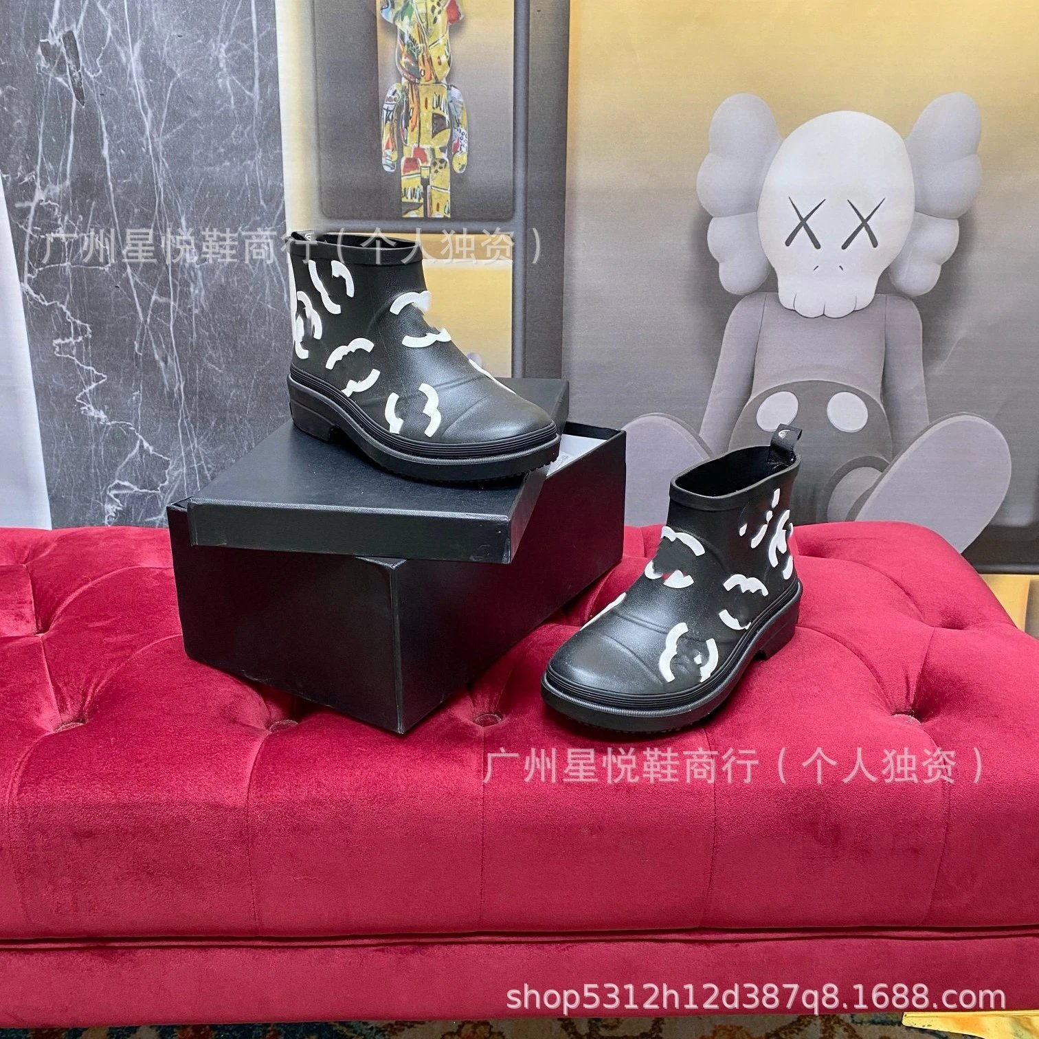 Chanel Rain Boots Black with White CC Logo Print Ankle Boots - 3