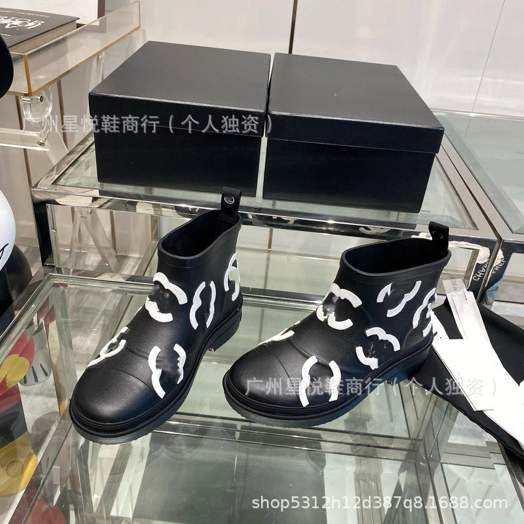 Chanel Rain Boots Black with White CC Logo Print Ankle Boots - 9