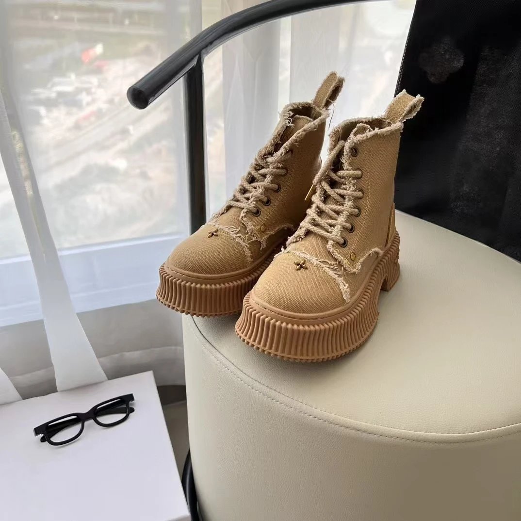 Unbranded Boots Mid-Calf Lace-Up Platform with Ribbed Soles and Cross Embellishment image 2