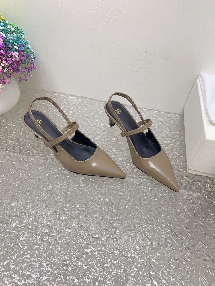 Design Pointed-Toe Slingback Kitten Heels Beige Leather Shoes - 25