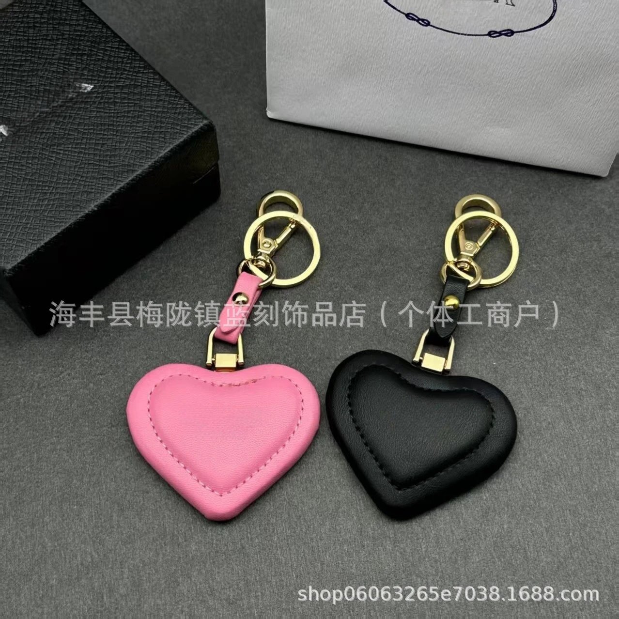 Heart-Shaped Leather Keychain in Black and Pink - 2