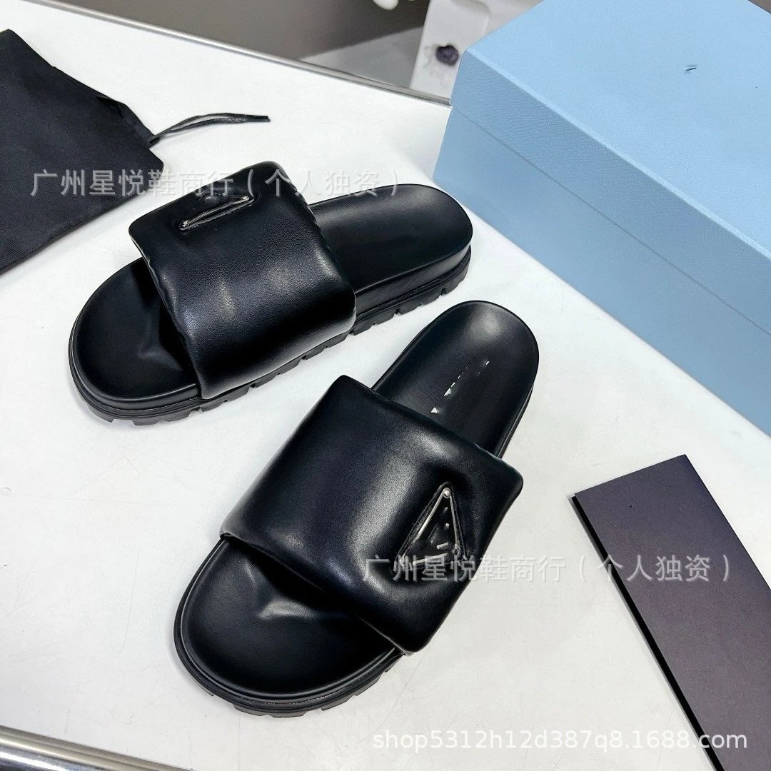 Prada Triangle Logo Slide Sandals White Slippers - 4