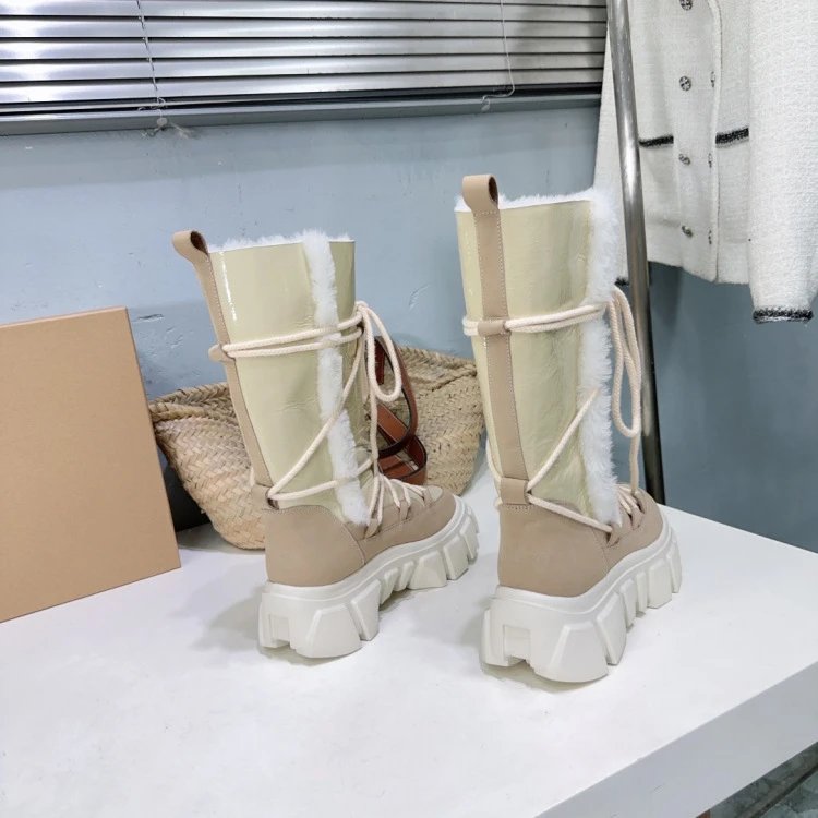 INU IKII Chunky Lace-Up Shearling-Lined Winter Boots Beige - 19