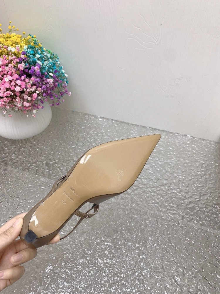 Design Pointed-Toe Slingback Kitten Heels Beige Leather Shoes - 32