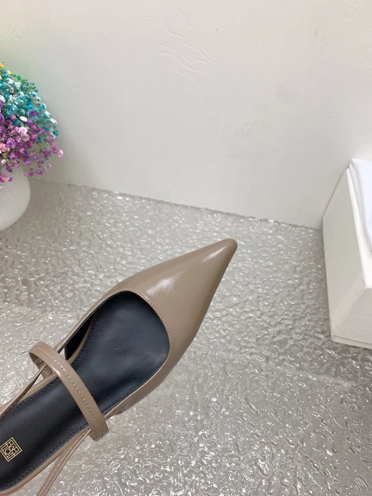 Design Pointed-Toe Slingback Kitten Heels Beige Leather Shoes - 37