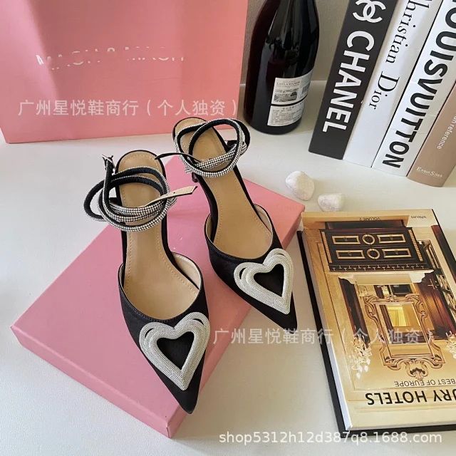 Unbranded High Heels Pointed-Toe Satin Pumps with Rhinestone Heart Detail and Ankle Wrap Straps product detail image 18