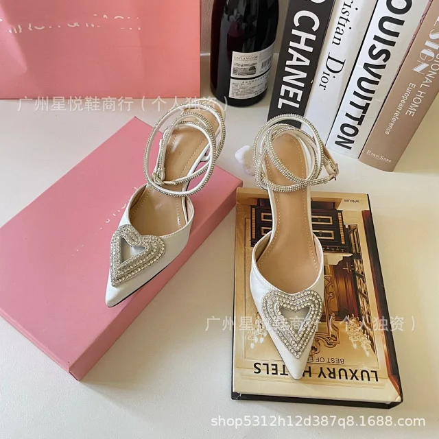 Unbranded High Heels Pointed-Toe Satin Pumps with Rhinestone Heart Detail and Ankle Wrap Straps product detail image 11