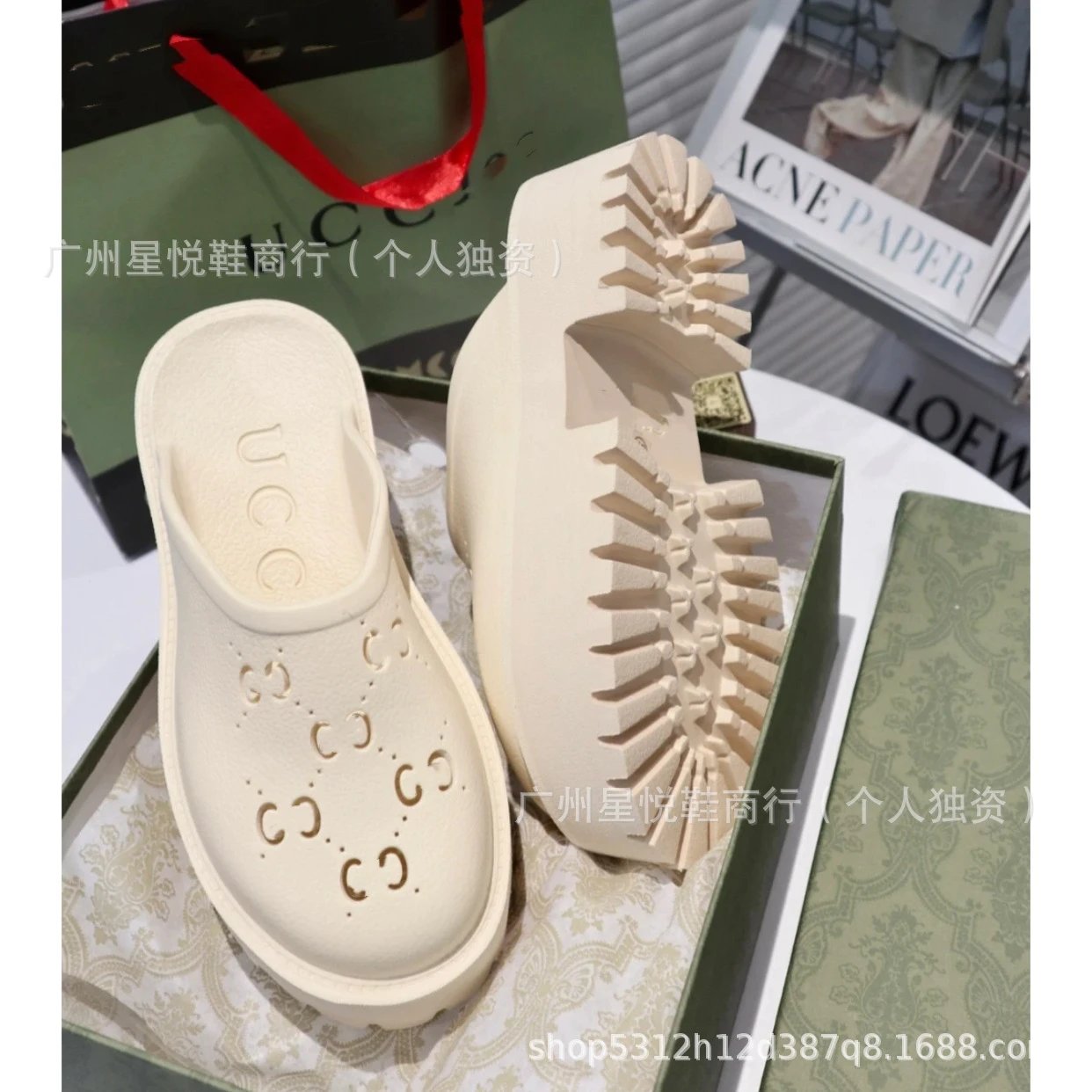 Gucci GG Marmont Platform Clogs Beige Leather Shoes - 7
