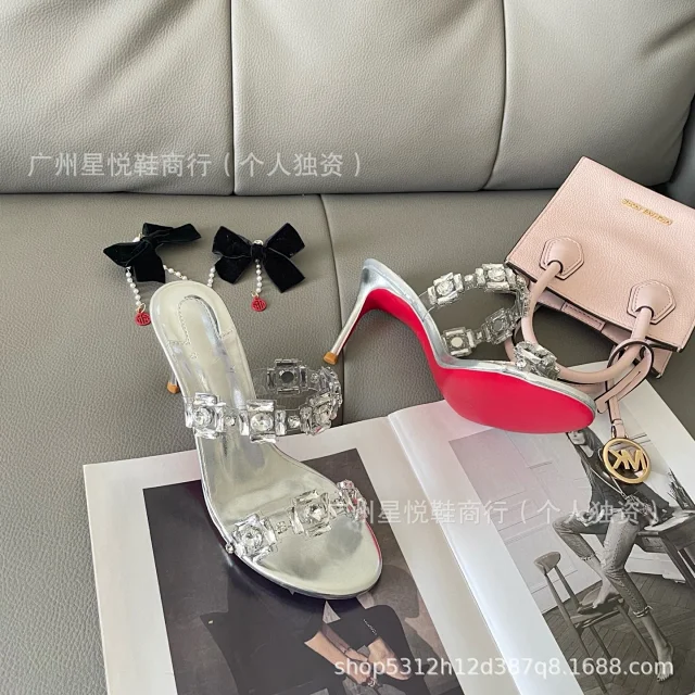 Unbranded Sandals Crystal-Embellished Clear Strap Heeled Mules product detail image 5