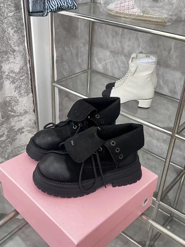 Miu Boots Lace-Up Fold-Over Collar Lug-Sole Ankle product detail image 7