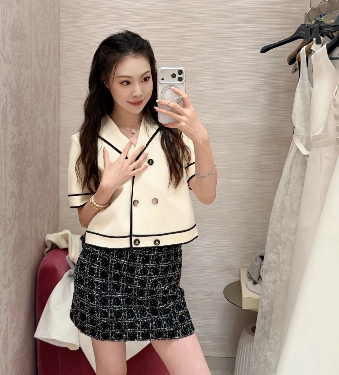 Nautical-Style Cropped Blazer White with Black Piping - 12