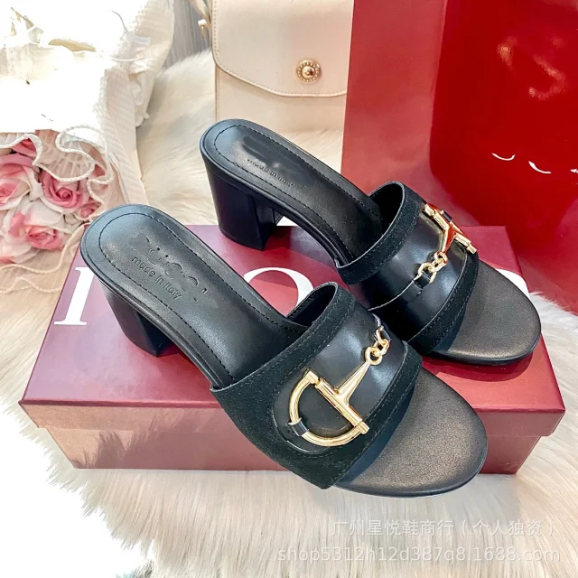 Unbranded High Heels Open-Toe Block-Heel Mule Sandals with Metal Horsebit Detail product detail image 5