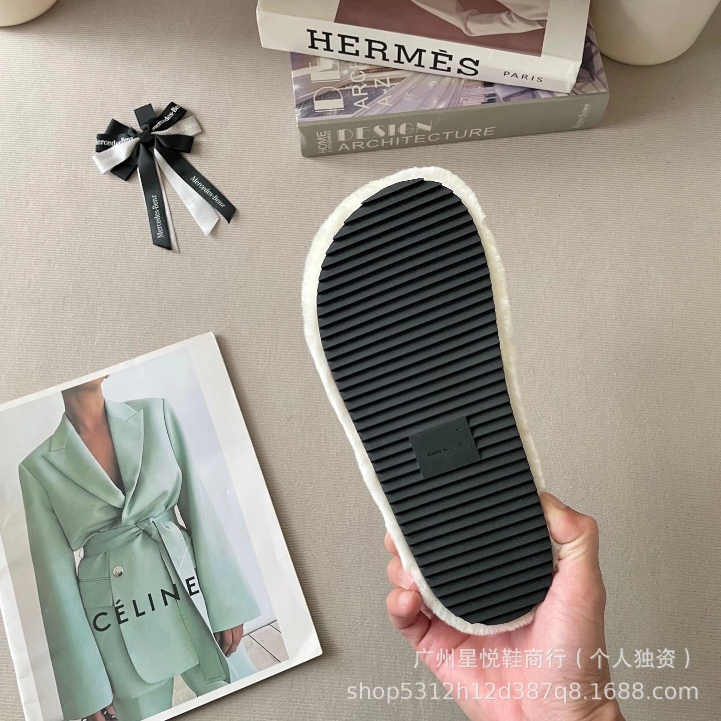 Celine Triomphe Logo Faux Fur Slippers White - 8