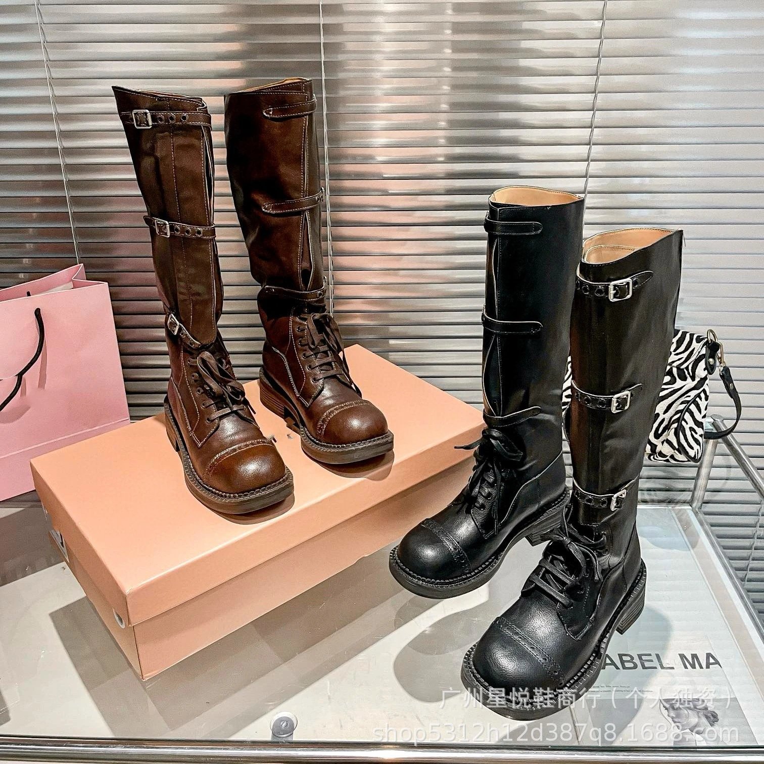 Black Buckle-Strap Lace-Up Knee-High Combat Boots - 2