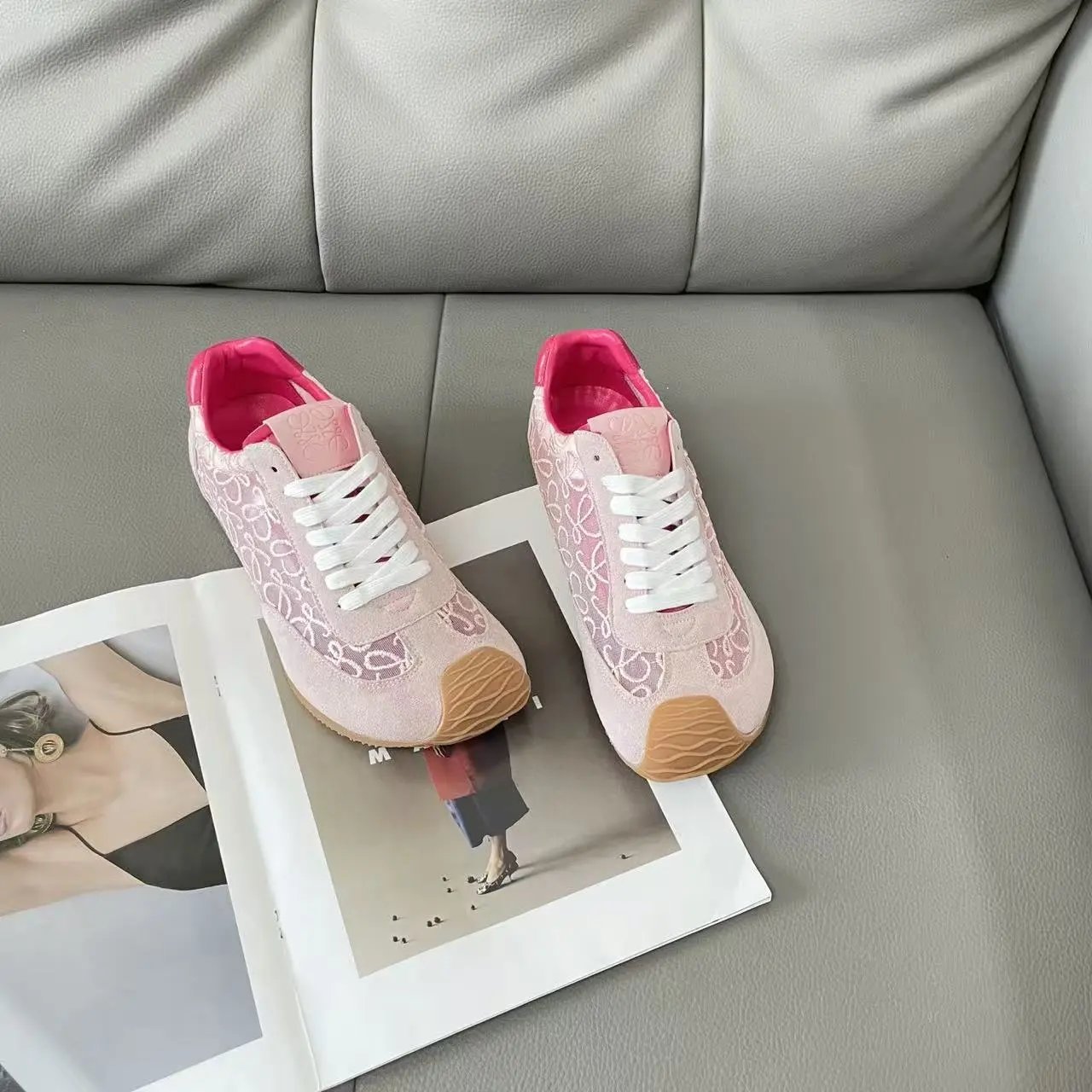 Loewe Anagram Lace-Up Sneakers Pink Mesh - 10