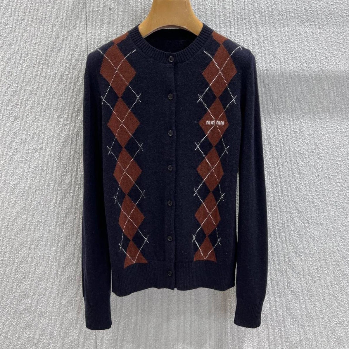 Miu Miu Argyle Knit Short-Sleeve Sweater Navy Brown Beige - 7
