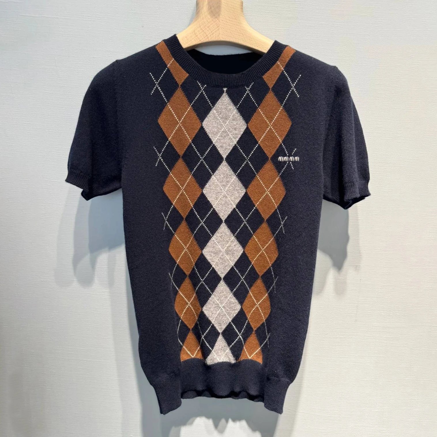 Miu Miu Argyle Knit Short-Sleeve Sweater Navy Brown Beige - 13