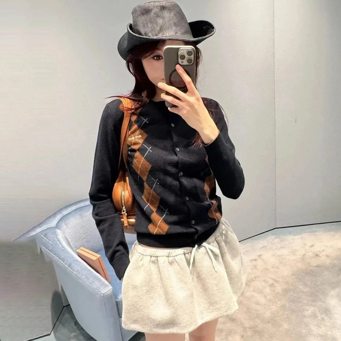 Miu Miu Argyle Knit Short-Sleeve Sweater Navy Brown Beige - 18