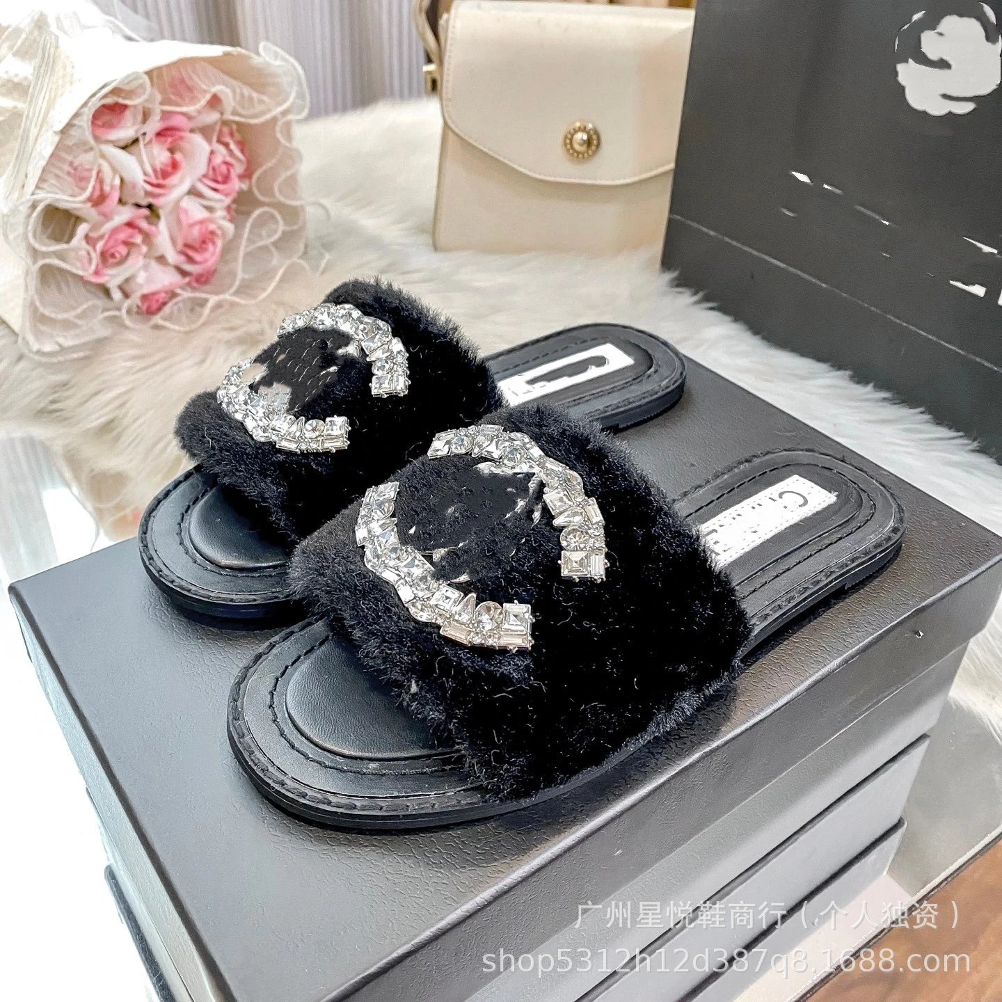 Faux Fur Slide Sandals with Crystal Logo Embellishment Beige Slippers - 10