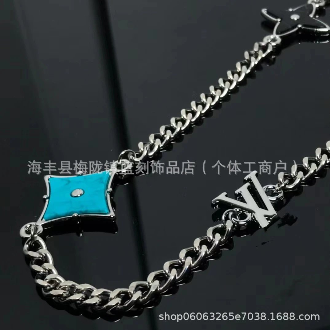Louis Vuitton Monogram Star Chain Necklace Turquoise Silver Necklace - 4