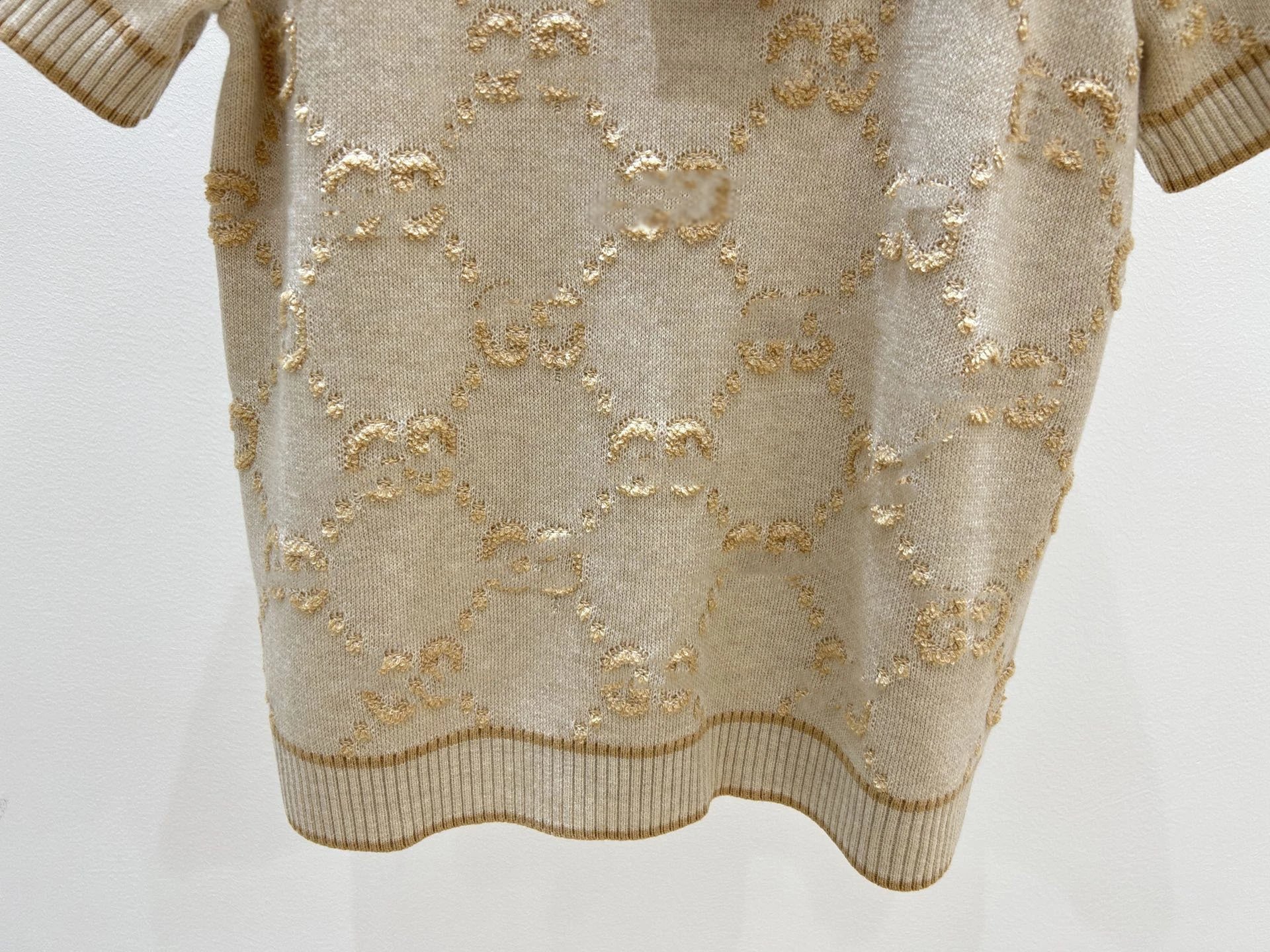 Gucci GG Embroidered Knit Short-Sleeve Sweater Beige - 9