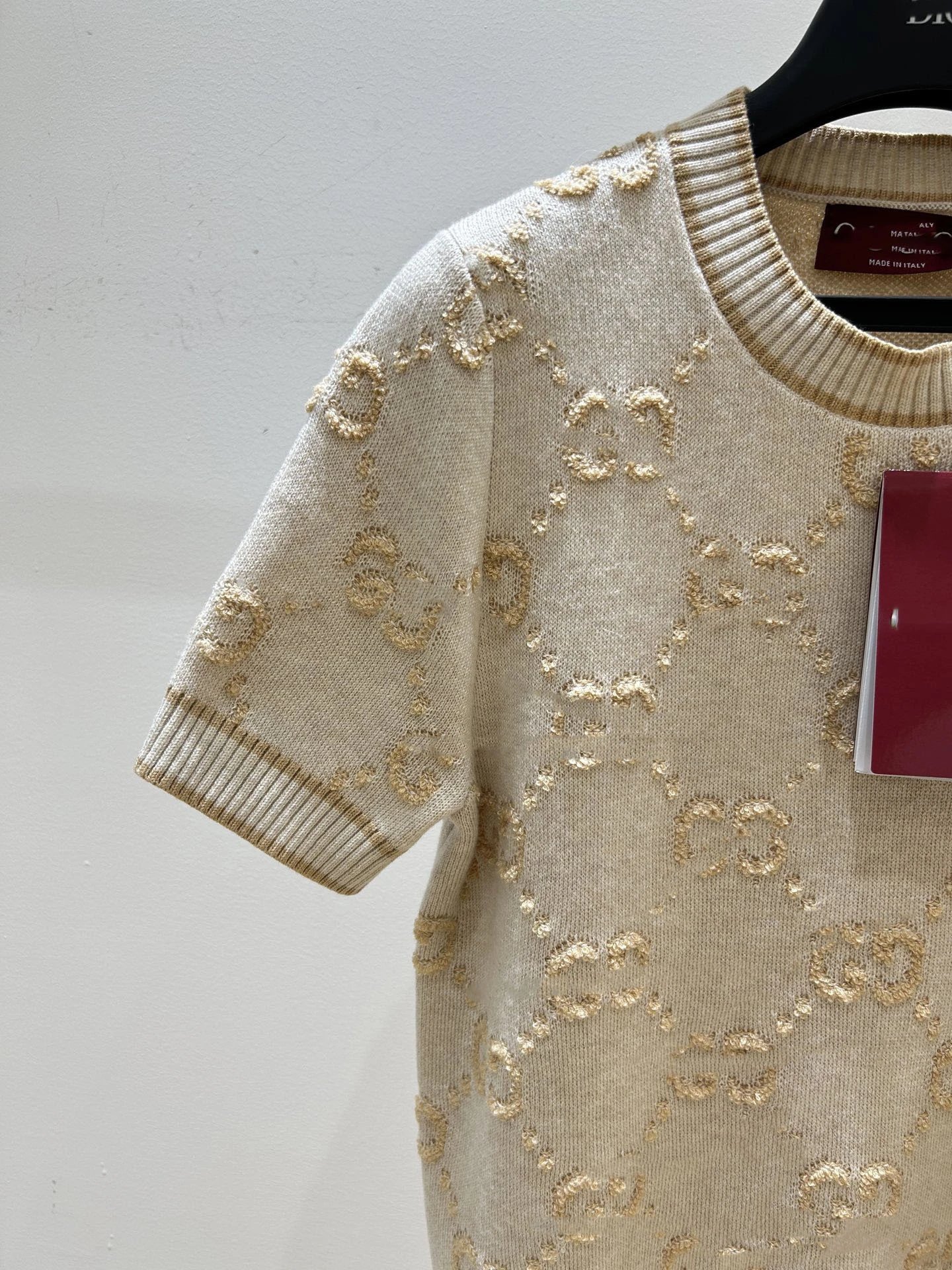 Gucci GG Embroidered Knit Short-Sleeve Sweater Beige - 10