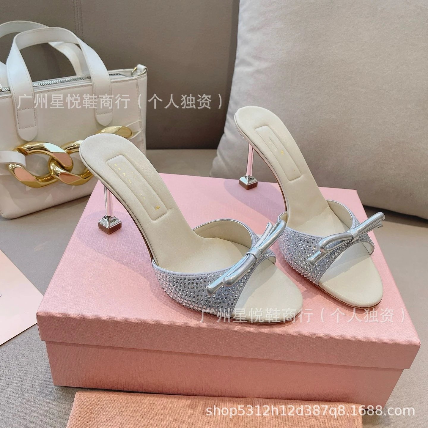 Bow-Embellished Crystal Mule Heels in Silver, Black, Gold, and Rose Gold - 5