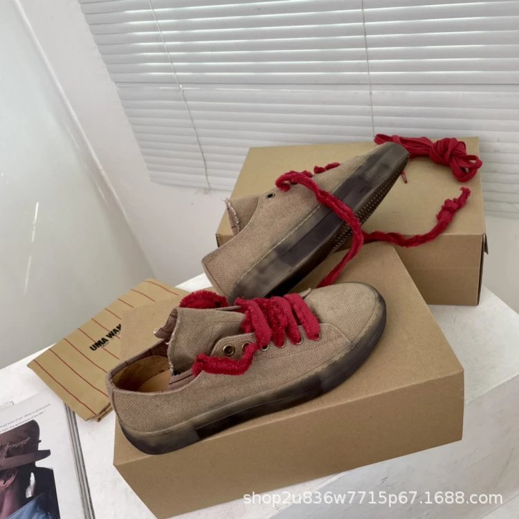UMA Wang Canvas Sneakers Beige with Red Laces Casual Shoes - 5