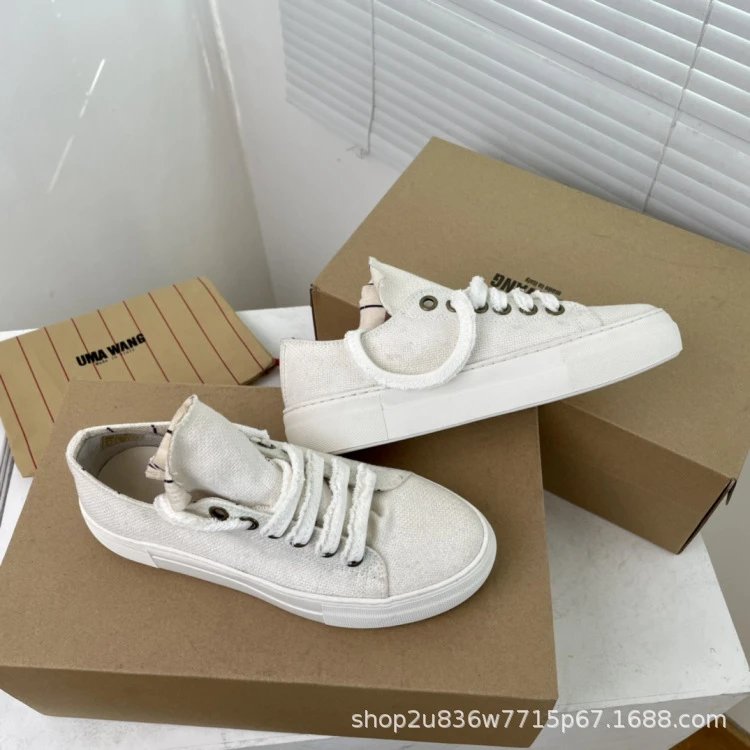 UMA Wang Canvas Sneakers Beige with Red Laces Casual Shoes - 14