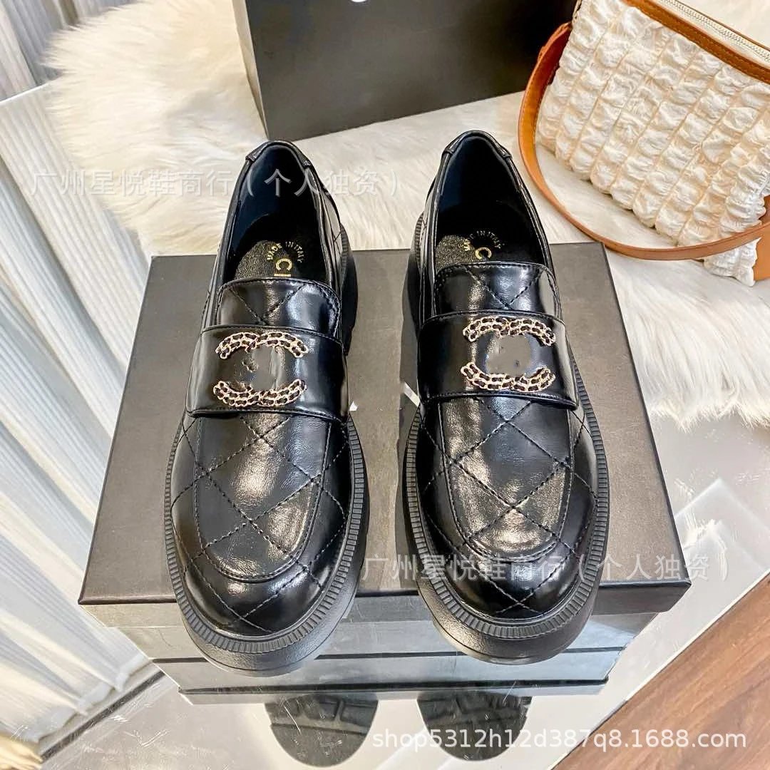 Chanel-inspired Quilted Loafers with CC Logo Buckle Black Leather Loafers - 9