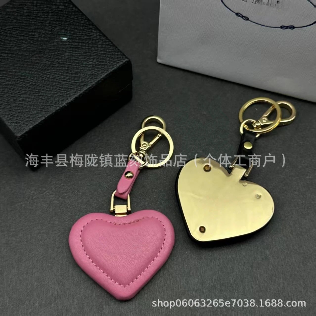 Heart-Shaped Leather Keychain in Black and Pink - 4