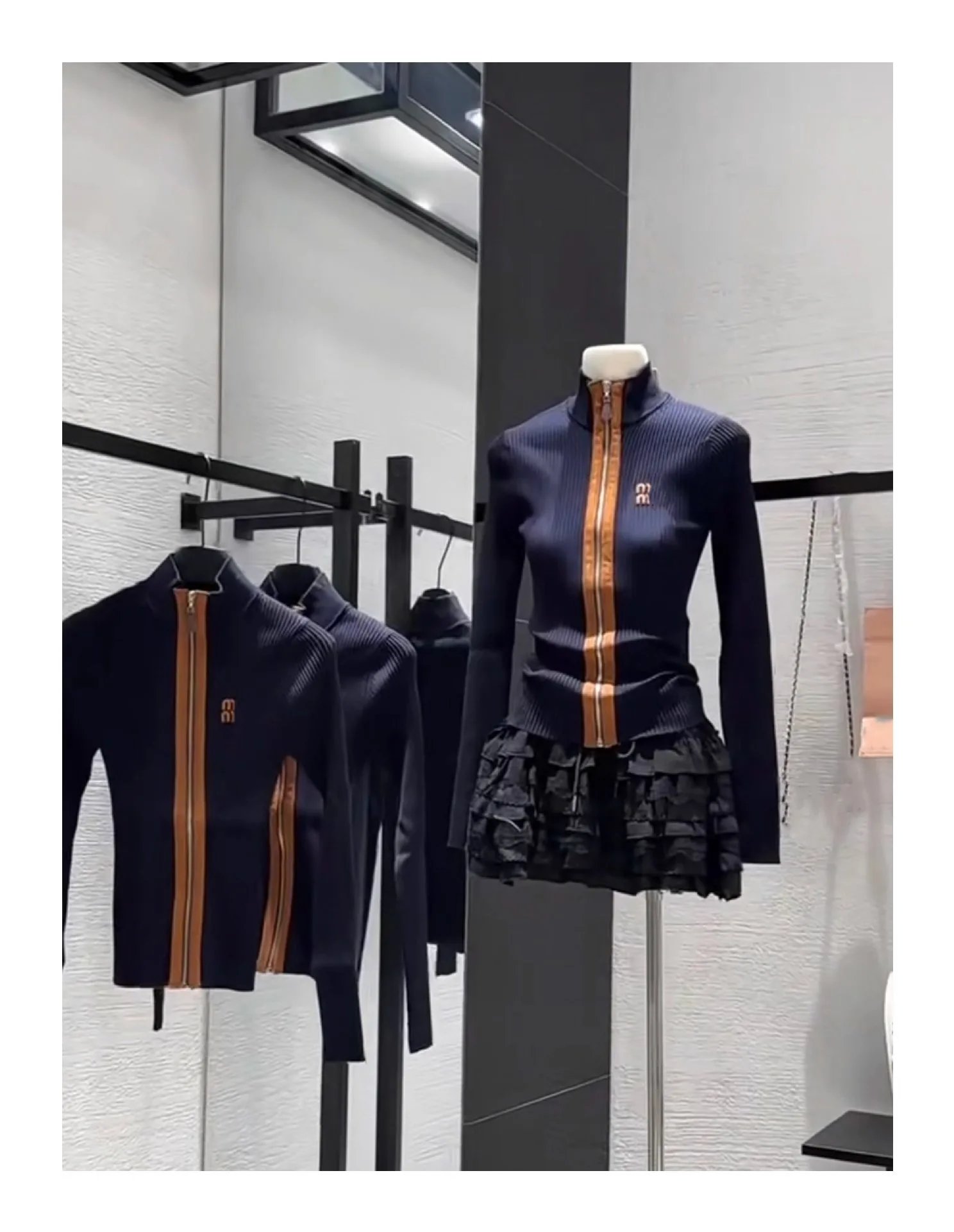 Balenciaga Zip-Front Ribbed Knit Top Navy with Gold Zip and Ruffled Skirt Set - 4