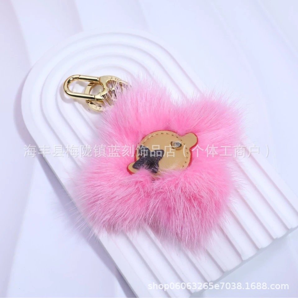 Faux Fur Keychain Charm in Sky Blue with Leather Face Embellishment - 3
