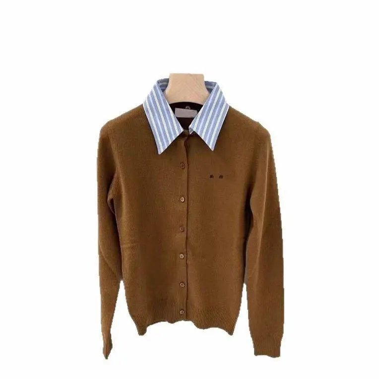Brown Knit Cardigan with Striped Collar Shirt Layering Skirt Set - 5