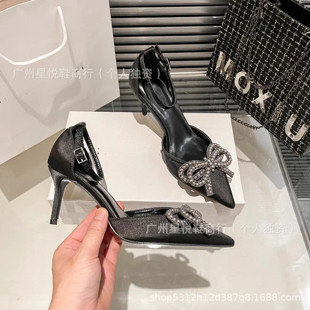 Unbranded High Heels Pointed-Toe Ankle-Strap Pumps with Rhinestone Bow product detail image 9