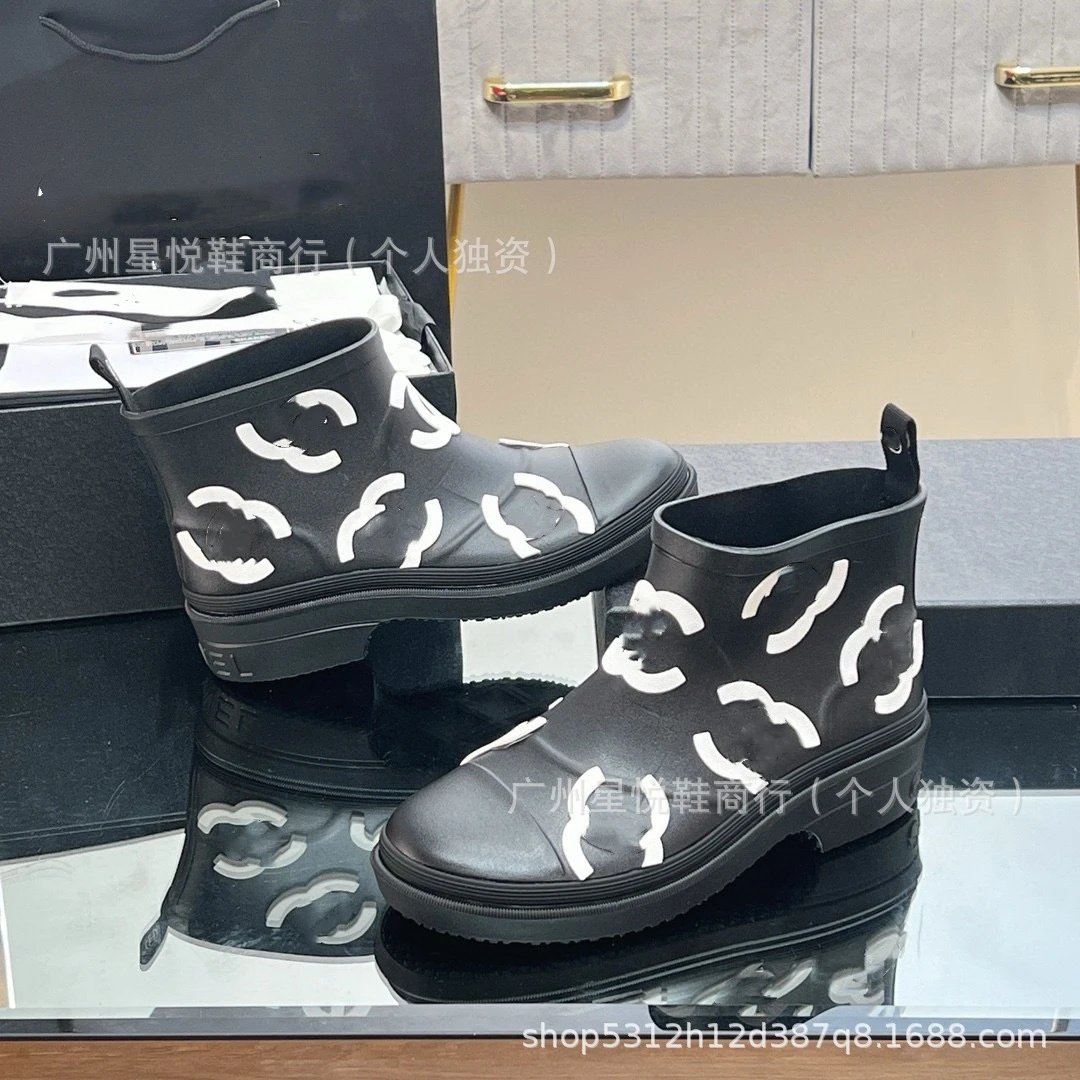 Chanel Rain Boots Black with White CC Logo Print Ankle Boots - 12
