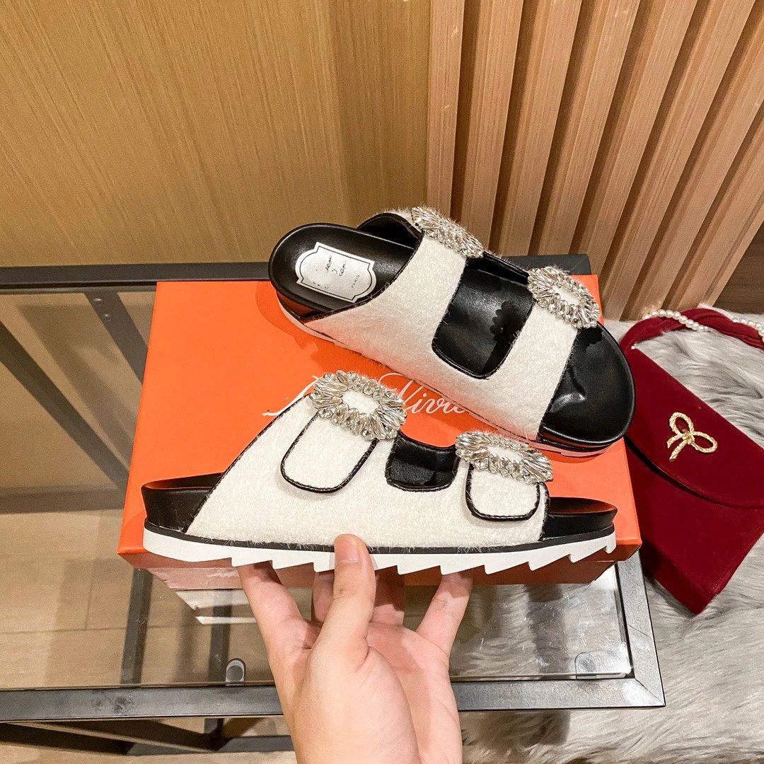 Roger Vivier Slippers Fur-Lined Double-Strap Crystal-Buckle Slides image 1